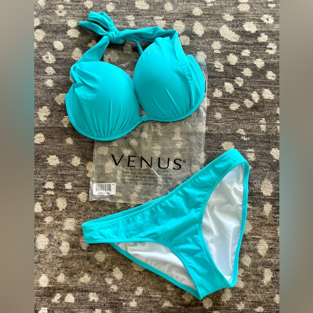 VENUS Blue Halter Bikini Set with Ruched Texture